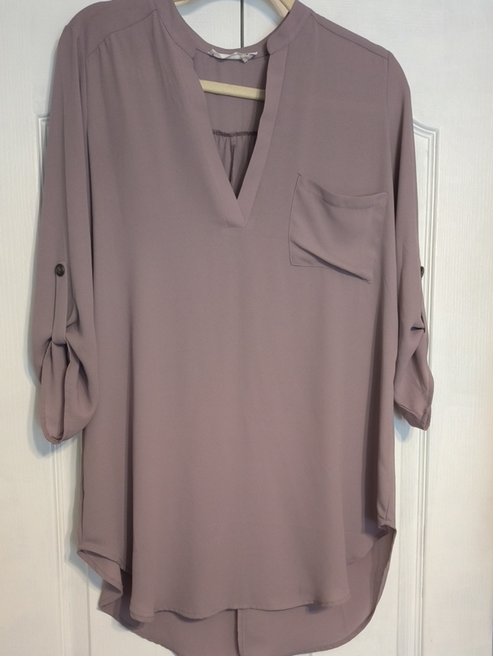 Lush Mauve V-Neck Roll-Tab Tunic with Pocket